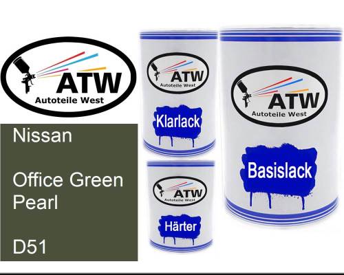 Nissan, Office Green Pearl, D51: 500ml Lackdose + 500ml Klarlack + 250ml Härter - Set, von ATW Autoteile West.